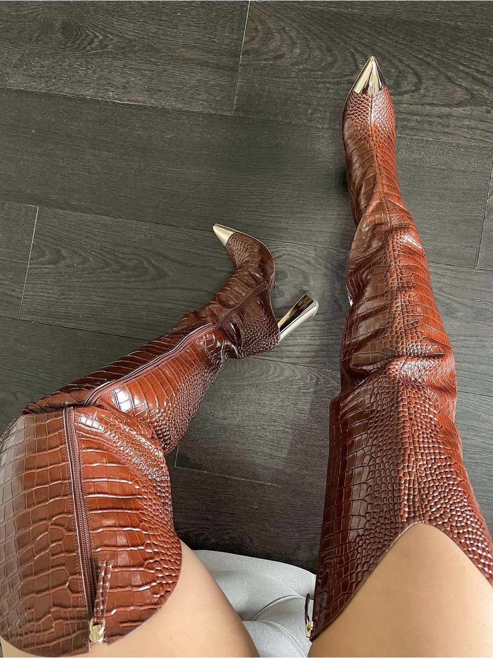 Jennifer Le Brown Croc-Embossed Thigh-High Boots with Gold Toe